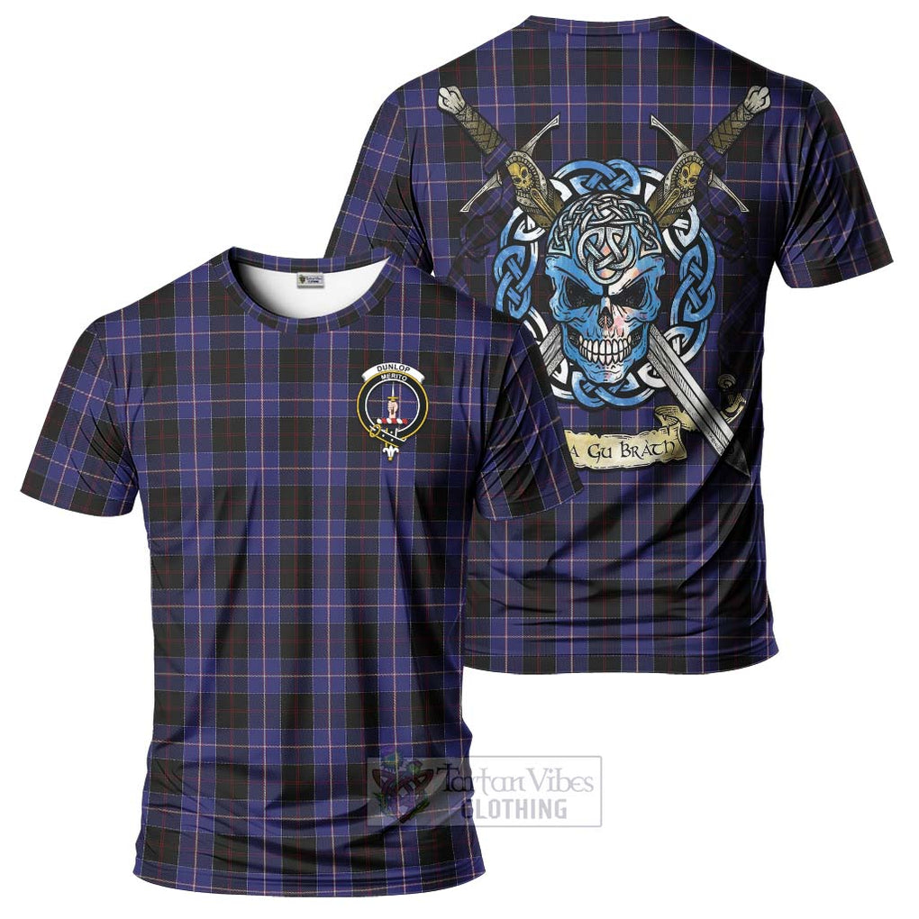 Tartan Vibes Clothing Dunlop Tartan T-Shirt with Family Crest Celtic Skull Style