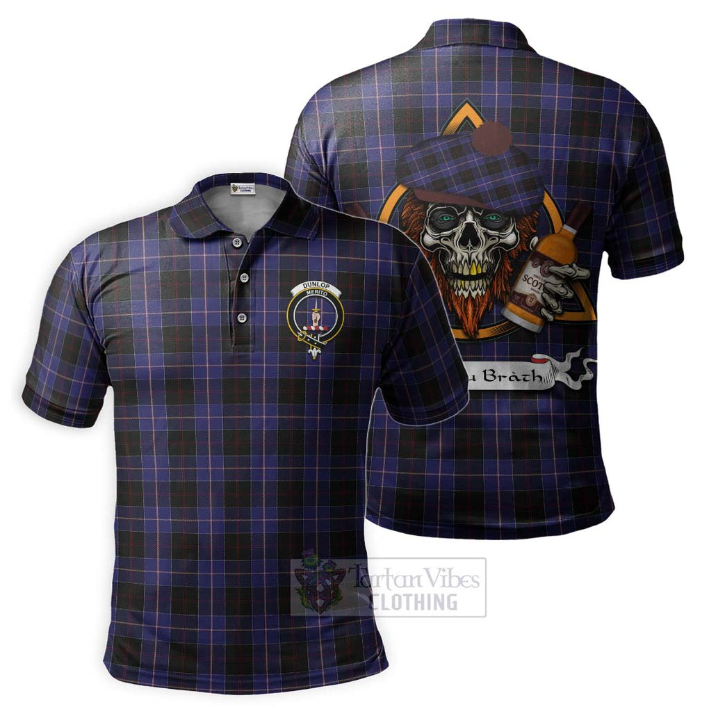 Tartan Vibes Clothing Dunlop Tartan Polo Shirt with Family Crest and Bearded Skull Holding Bottles of Whiskey