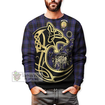 Dunlop Tartan Sweatshirt with Family Crest Celtic Wolf Style