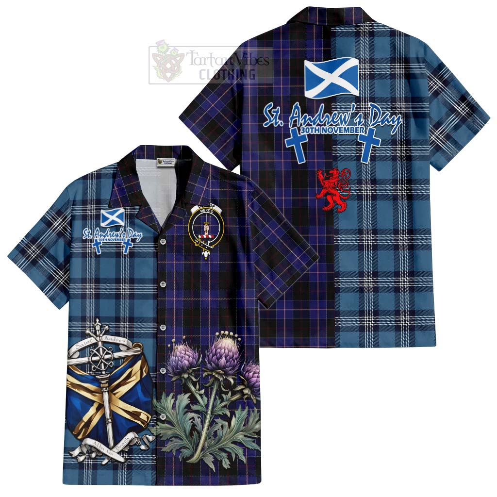 Tartan Vibes Clothing Dunlop Tartan Short Sleeve Button Shirt Happy St. Andrew's Day Half Tartan Style