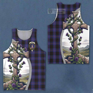 Dunlop Tartan Men's Tank Top with Family Crest and St. Andrew's Cross Accented by Thistle Vines