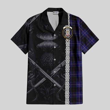 Dunlop Tartan Short Sleeve Button Shirt with Family Crest Cross Sword Thistle Celtic Vibes