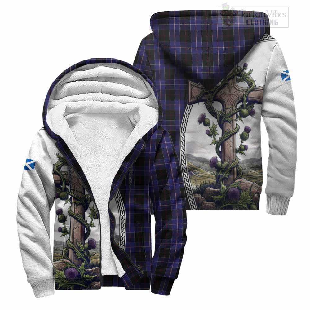 Tartan Vibes Clothing Dunlop Tartan Sherpa Hoodie with Family Crest and St. Andrew's Cross Accented by Thistle Vines