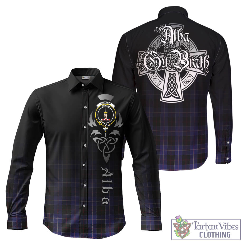 Tartan Vibes Clothing Dunlop Tartan Long Sleeve Button Up Featuring Alba Gu Brath Family Crest Celtic Inspired