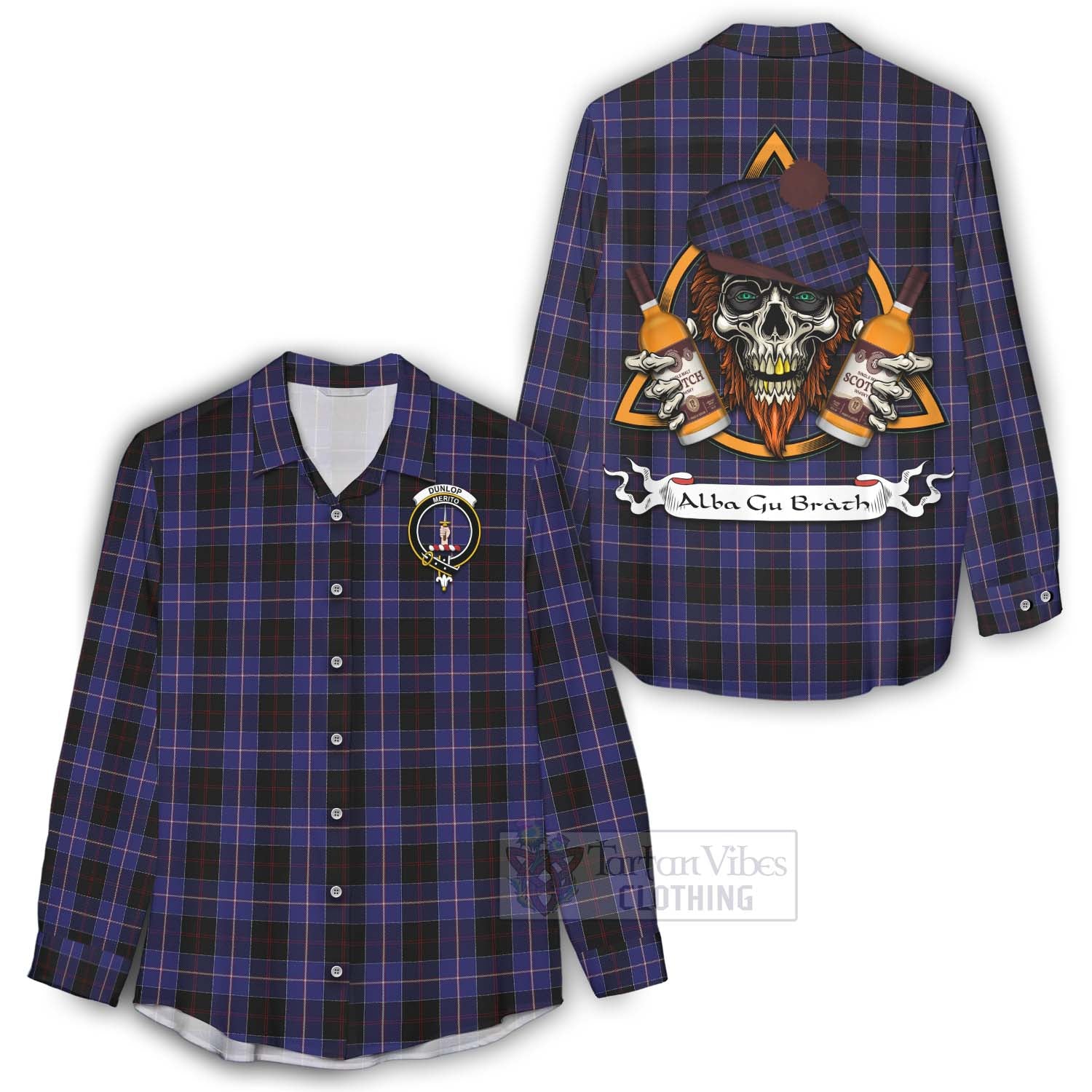 Tartan Vibes Clothing Dunlop Tartan Women's Casual Shirt with Family Crest and Bearded Skull Holding Bottles of Whiskey