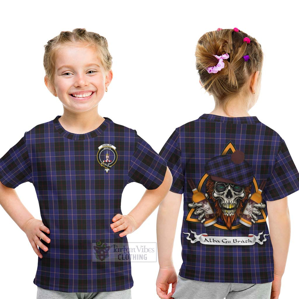 Tartan Vibes Clothing Dunlop Tartan Kid T-Shirt with Family Crest and Bearded Skull Holding Bottles of Whiskey