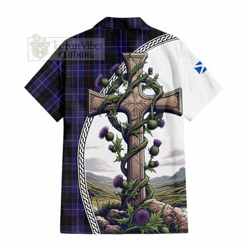 Dunlop Tartan Short Sleeve Button Shirt with Family Crest and St. Andrew's Cross Accented by Thistle Vines