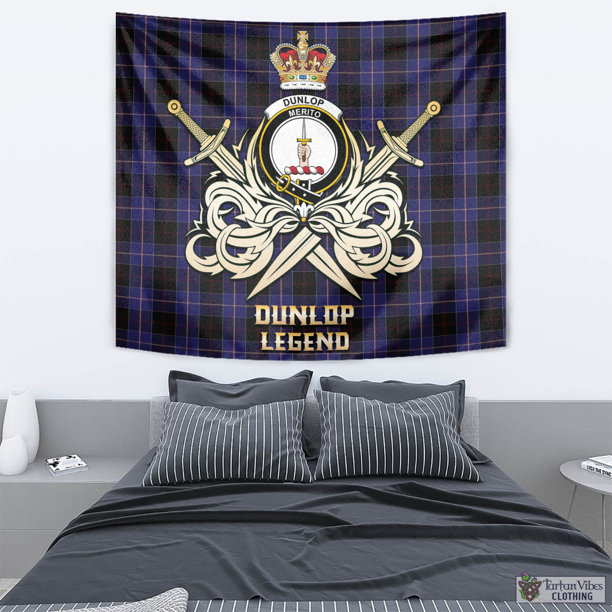 Tartan Vibes Clothing Dunlop Tartan Tapestry with Clan Crest and the Golden Sword of Courageous Legacy