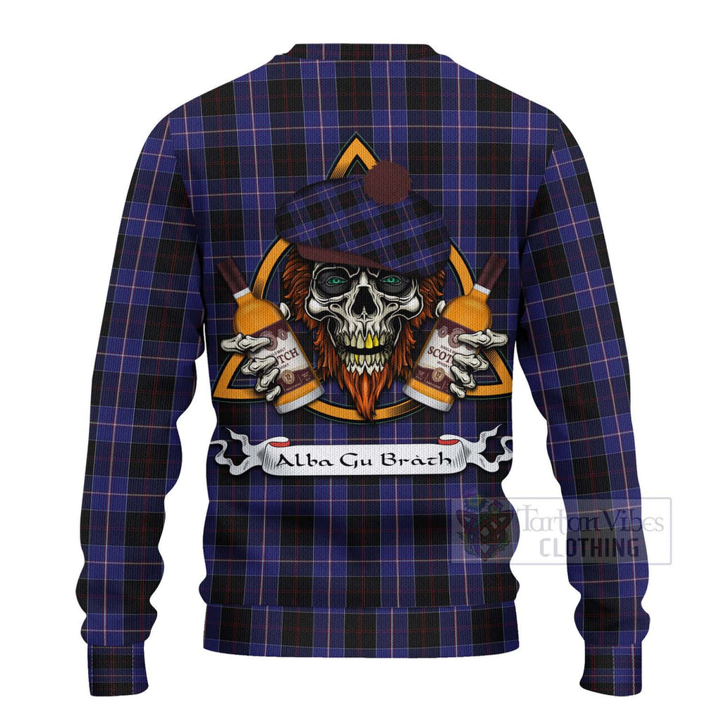 Tartan Vibes Clothing Dunlop Tartan Knitted Sweater with Family Crest and Bearded Skull Holding Bottles of Whiskey