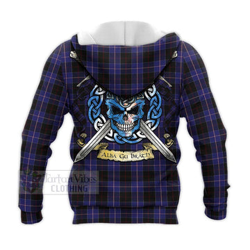 Dunlop Tartan Knitted Hoodie with Family Crest Celtic Skull Style