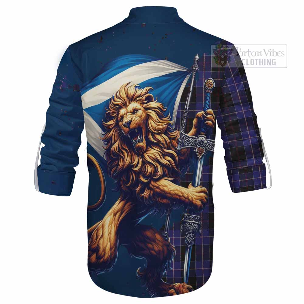 Tartan Vibes Clothing Dunlop Tartan Family Crest Ghillie Kilt Shirt with Scottish Majestic Lion