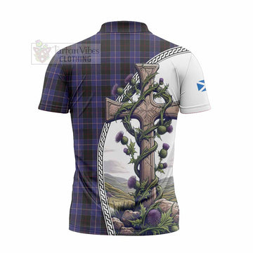 Dunlop Tartan Zipper Polo Shirt with Family Crest and St. Andrew's Cross Accented by Thistle Vines