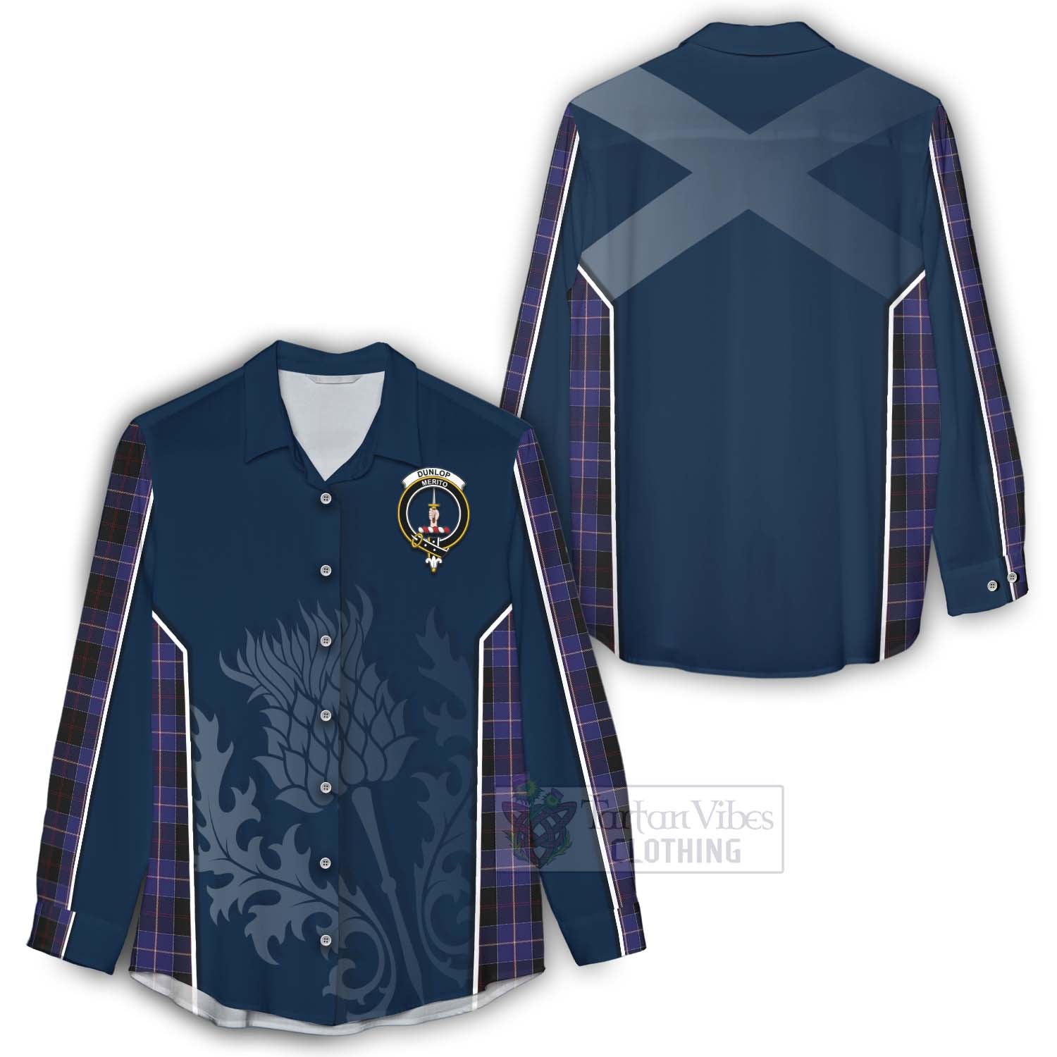 Tartan Vibes Clothing Dunlop Tartan Women's Casual Shirt with Family Crest and Scottish Thistle Vibes Sport Style