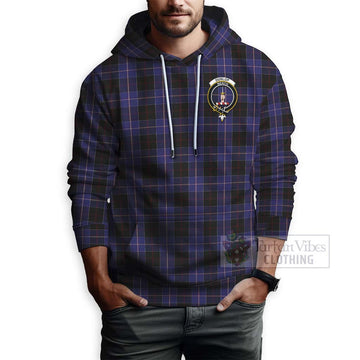 Dunlop Tartan Hoodie with Family Crest and Bearded Skull Holding Bottles of Whiskey