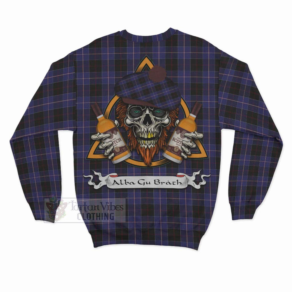 Tartan Vibes Clothing Dunlop Tartan Sweatshirt with Family Crest and Bearded Skull Holding Bottles of Whiskey