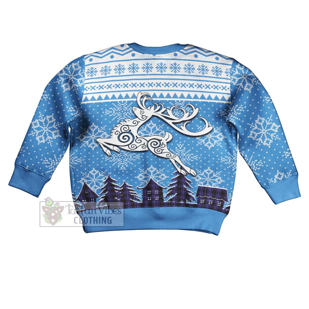 Tartan Vibes Clothing Dunlop Clan Christmas Kid Ugly Sweater with Tartan and Celtic Raindeer Style