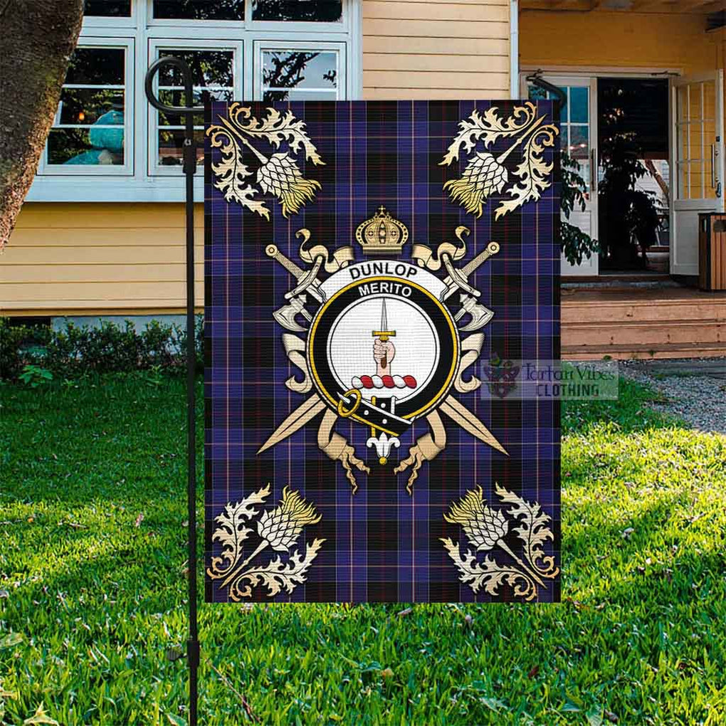 Tartan Vibes Clothing Dunlop Tartan Flag with Family Crest and Golden Thistle Crossed Sword Design