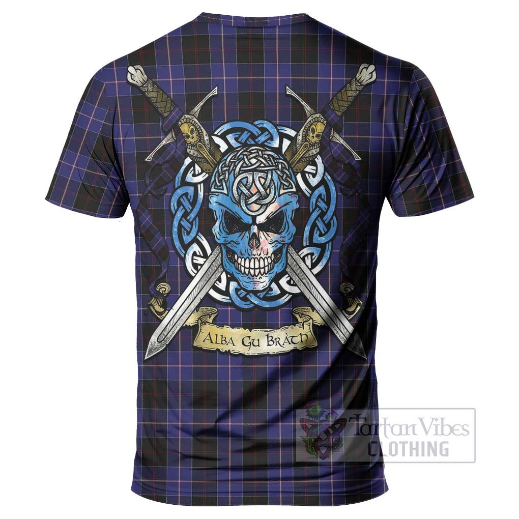 Tartan Vibes Clothing Dunlop Tartan T-Shirt with Family Crest Celtic Skull Style