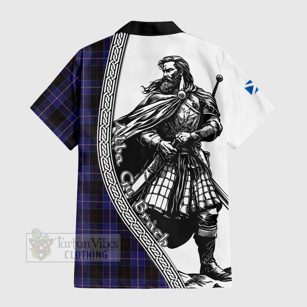 Tartan Vibes Clothing Dunlop Tartan Clan Crest Short Sleeve Button Shirt with Highlander Warrior Celtic Style