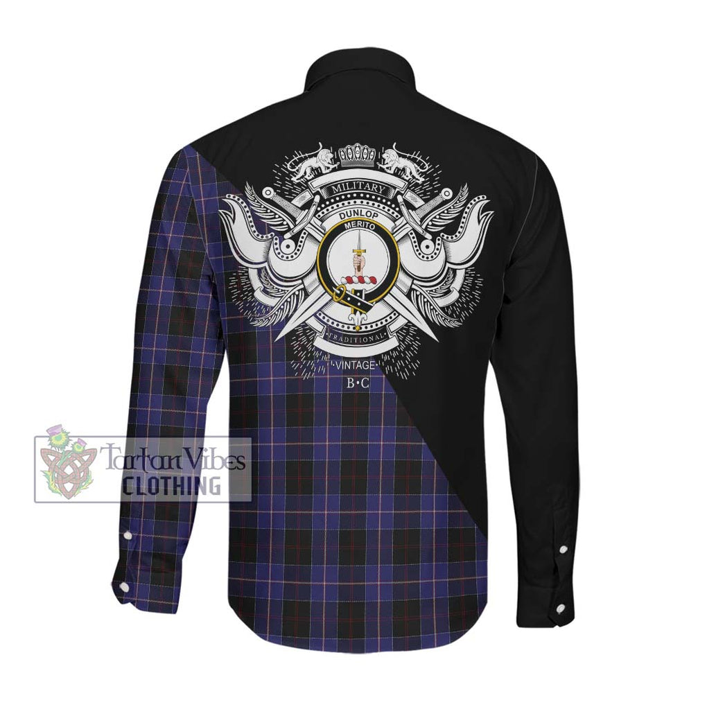 Dunlop Tartan Long Sleeve Button Shirt with Family Crest and Military Logo Style Men's Shirt - Tartanvibesclothing Shop