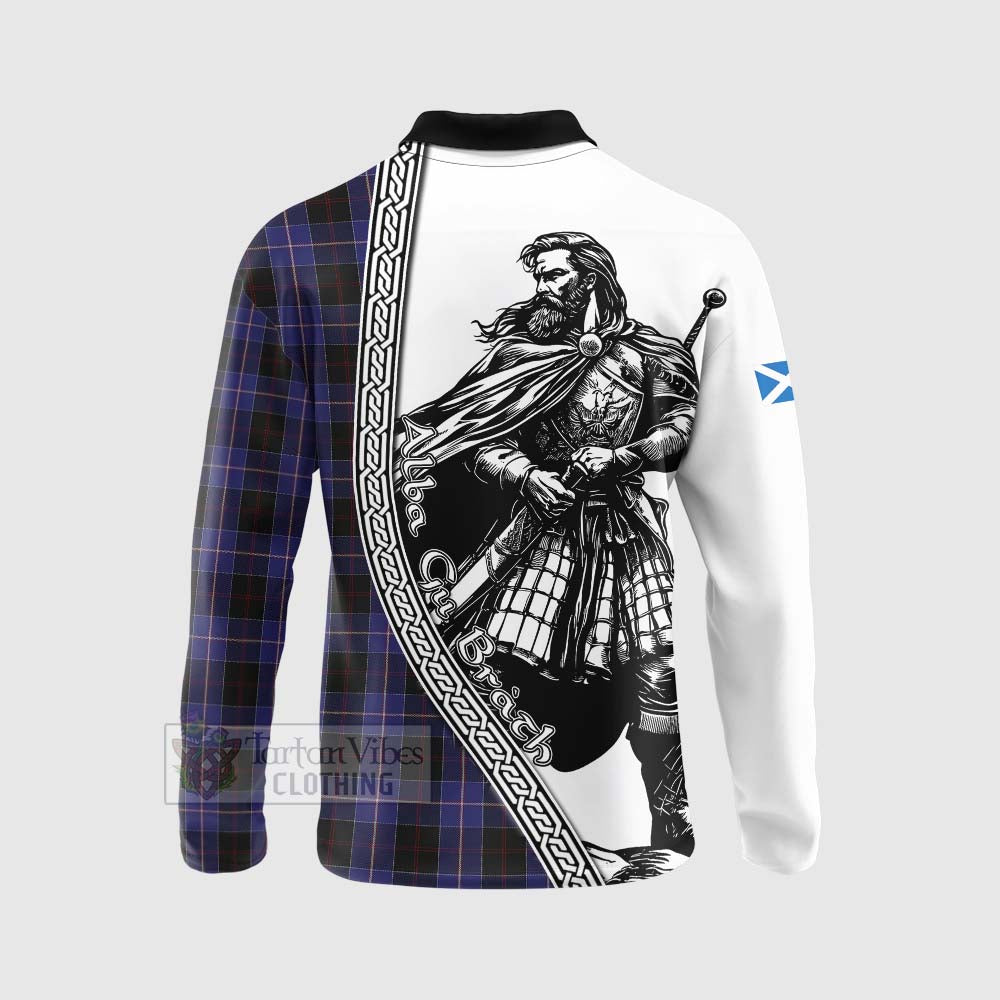 Tartan Vibes Clothing Dunlop Tartan Clan Crest Long Sleeve Polo Shirt with Highlander Warrior Celtic Style