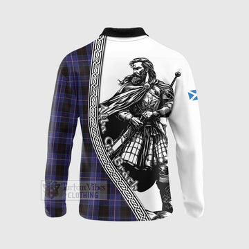 Dunlop Tartan Clan Crest Long Sleeve Polo Shirt with Highlander Warrior Celtic Style