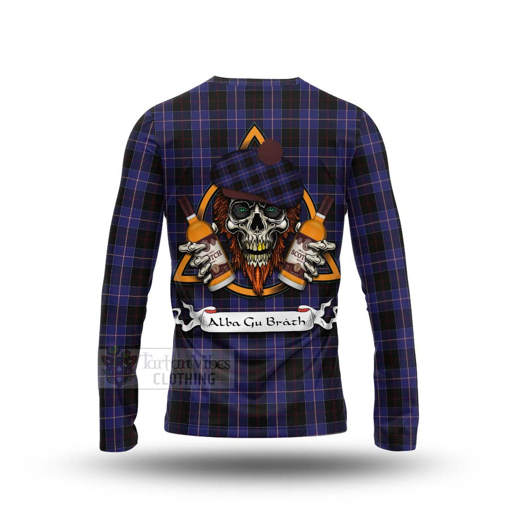 Tartan Vibes Clothing Dunlop Tartan Long Sleeve T-Shirt with Family Crest and Bearded Skull Holding Bottles of Whiskey