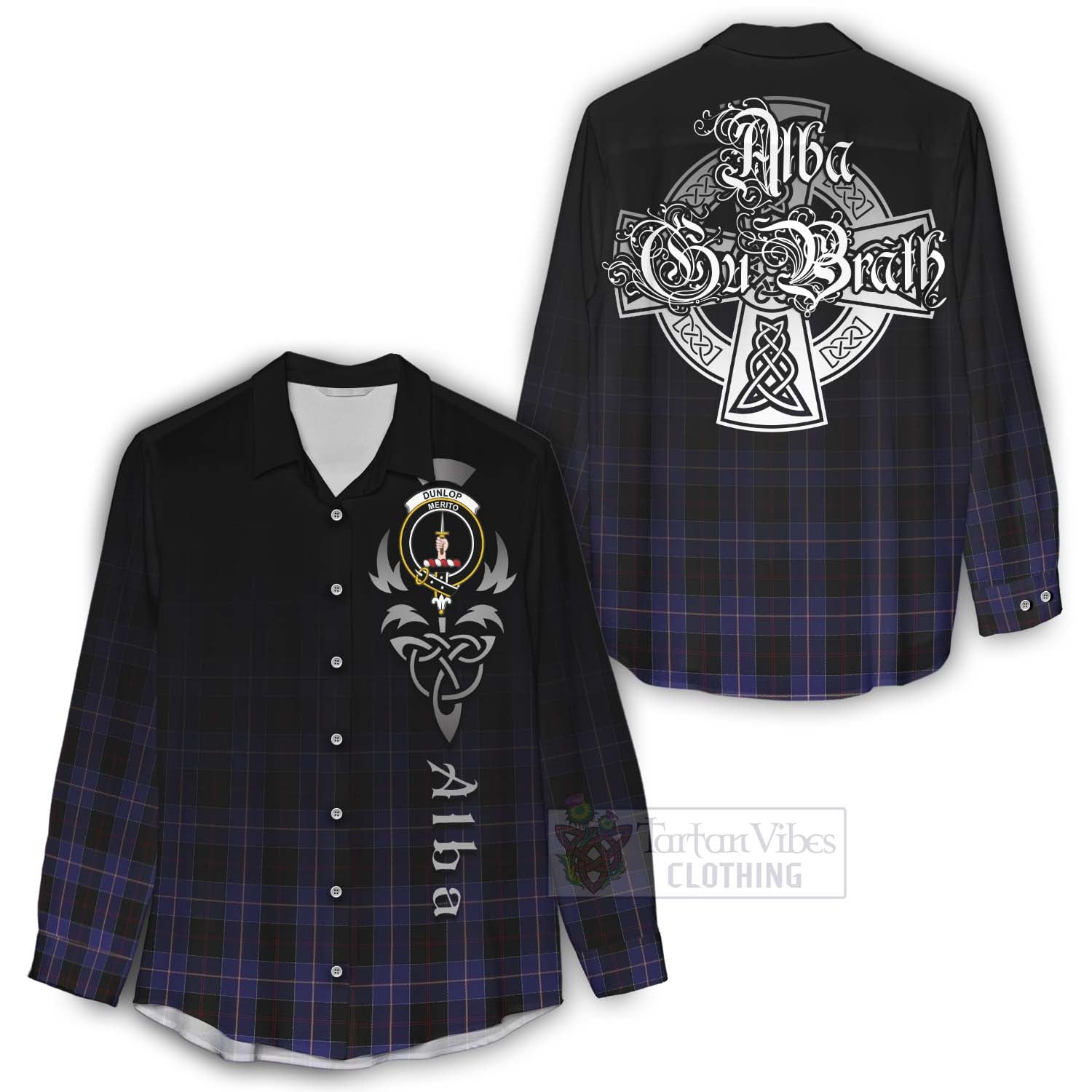 Tartan Vibes Clothing Dunlop Tartan Women's Casual Shirt Featuring Alba Gu Brath Family Crest Celtic Inspired