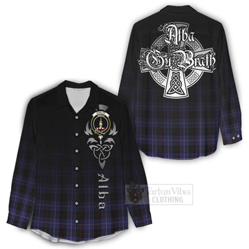 Dunlop Tartan Women's Casual Shirt Featuring Alba Gu Brath Family Crest Celtic Inspired