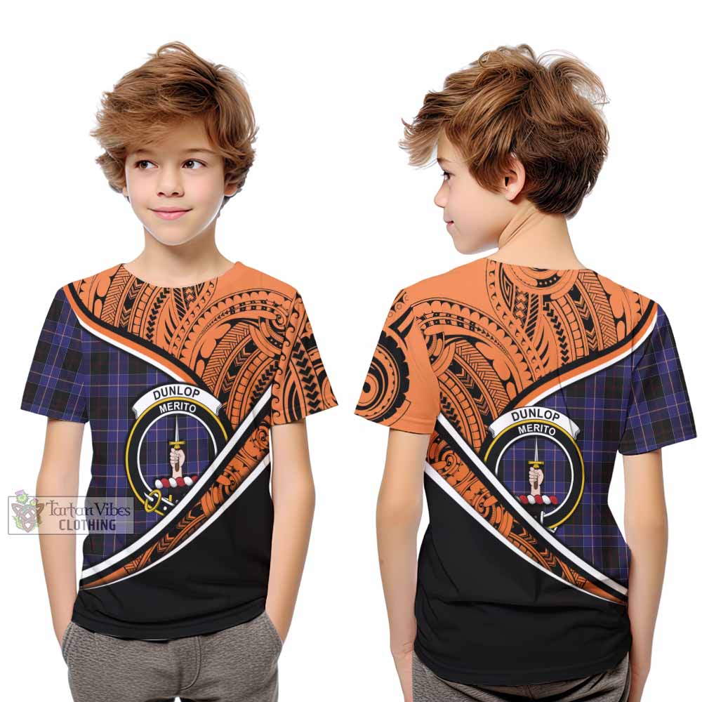 Tartan Vibes Clothing Dunlop Crest Tartan Kid T-Shirt with Maori Tattoo Style - Orange Version