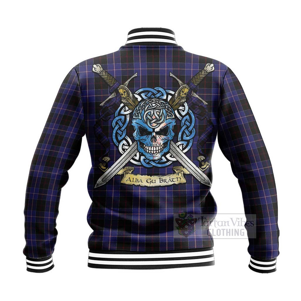 Tartan Vibes Clothing Dunlop Tartan Baseball Jacket with Family Crest Celtic Skull Style