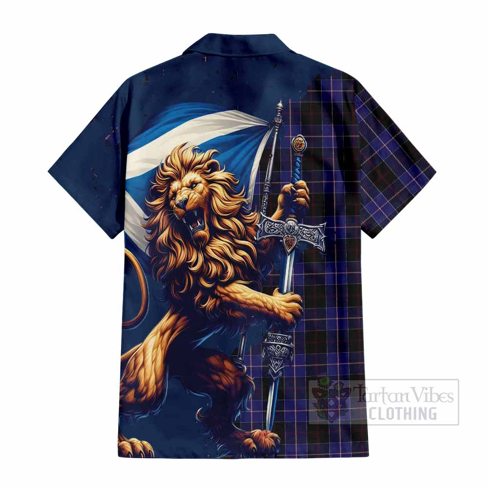 Tartan Vibes Clothing Dunlop Tartan Family Crest Short Sleeve Button Shirt with Scottish Majestic Lion