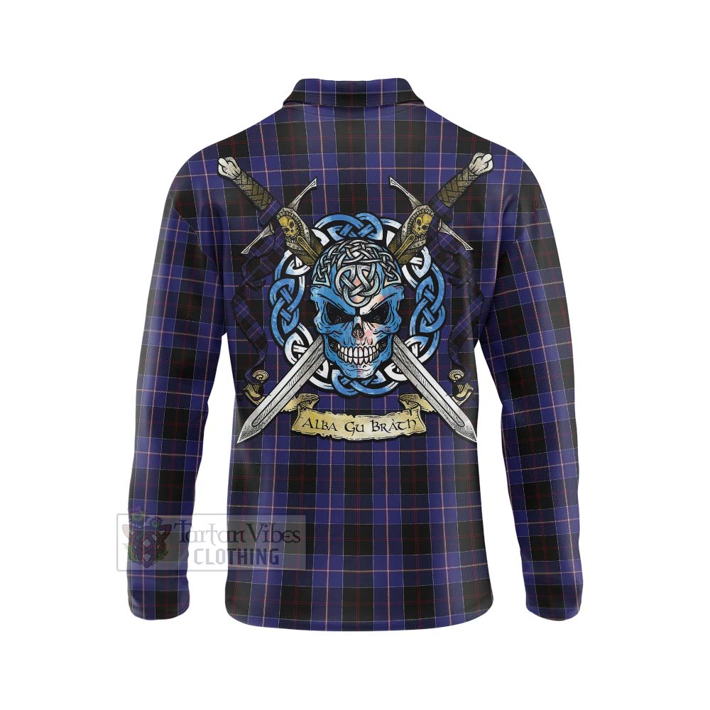 Tartan Vibes Clothing Dunlop Tartan Long Sleeve Polo Shirt with Family Crest Celtic Skull Style