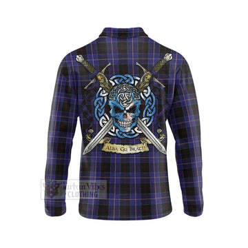 Dunlop Tartan Long Sleeve Polo Shirt with Family Crest Celtic Skull Style