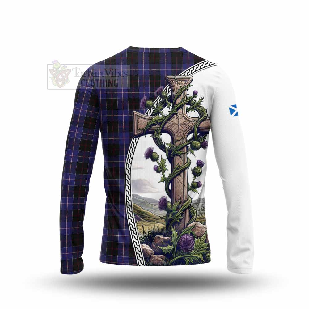 Tartan Vibes Clothing Dunlop Tartan Long Sleeve T-Shirt with Family Crest and St. Andrew's Cross Accented by Thistle Vines