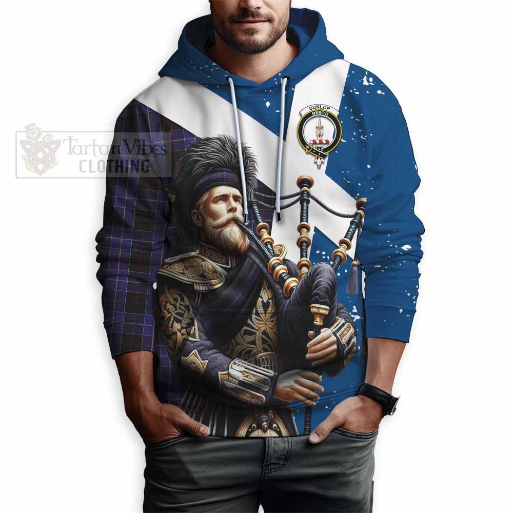 Tartan Vibes Clothing Dunlop Tartan Hoodie with Family Crest Scottish Bagpiper Vibes