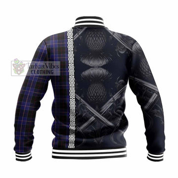 Dunlop Tartan Baseball Jacket with Family Crest Cross Sword Thistle Celtic Vibes