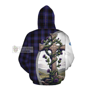 Dunlop Tartan Cotton Hoodie with Family Crest and St. Andrew's Cross Accented by Thistle Vines Pullover Hoodie - Tartan Vibes Clothing