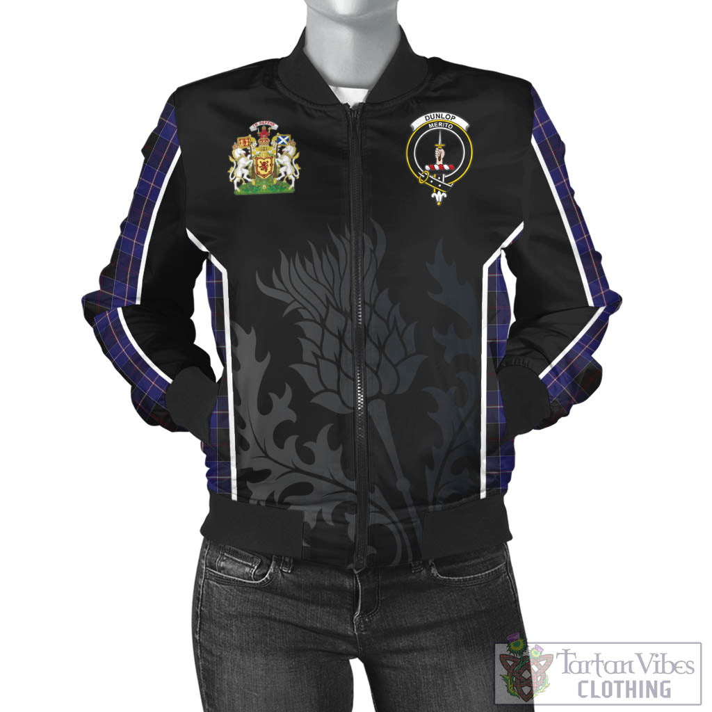 Tartan Vibes Clothing Dunlop Tartan Bomber Jacket with Family Crest and Scottish Thistle Vibes Sport Style