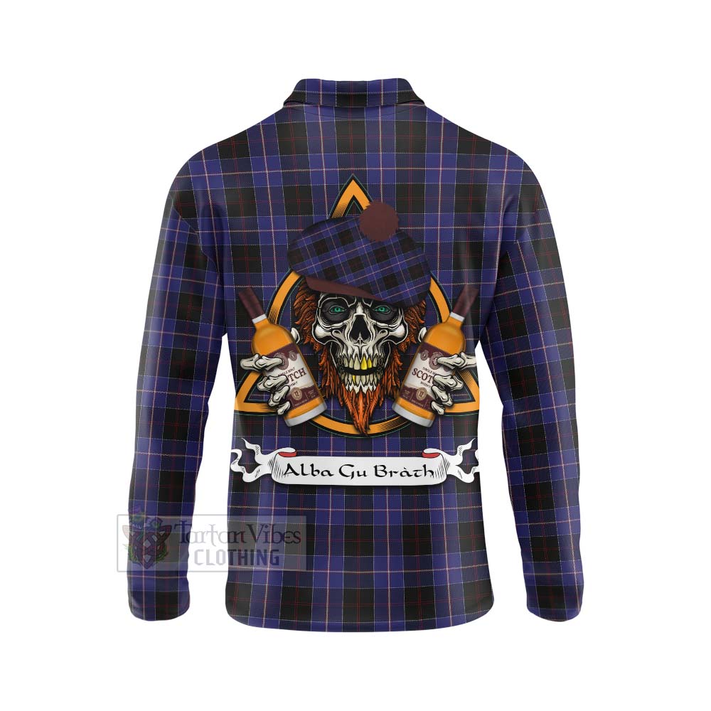 Tartan Vibes Clothing Dunlop Tartan Long Sleeve Polo Shirt with Family Crest and Bearded Skull Holding Bottles of Whiskey