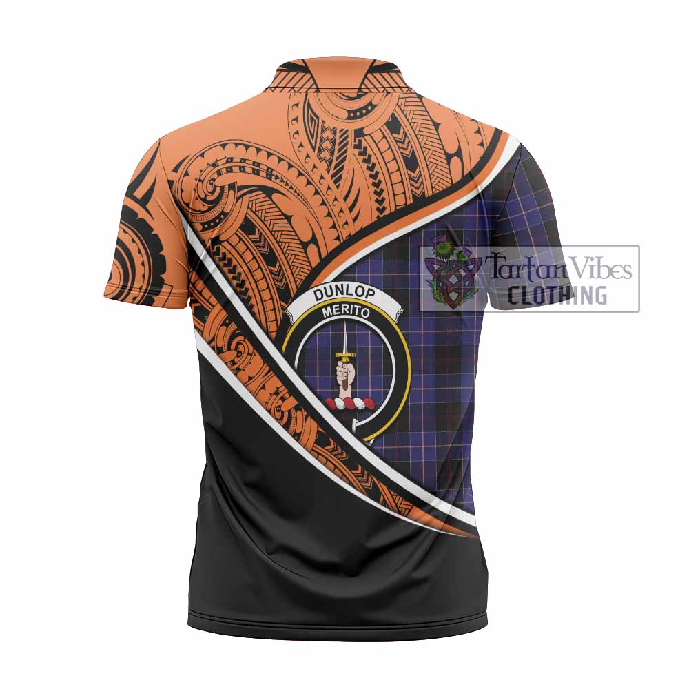 Tartan Vibes Clothing Dunlop Crest Tartan Zipper Polo Shirt with Maori Tattoo Style - Orange Version