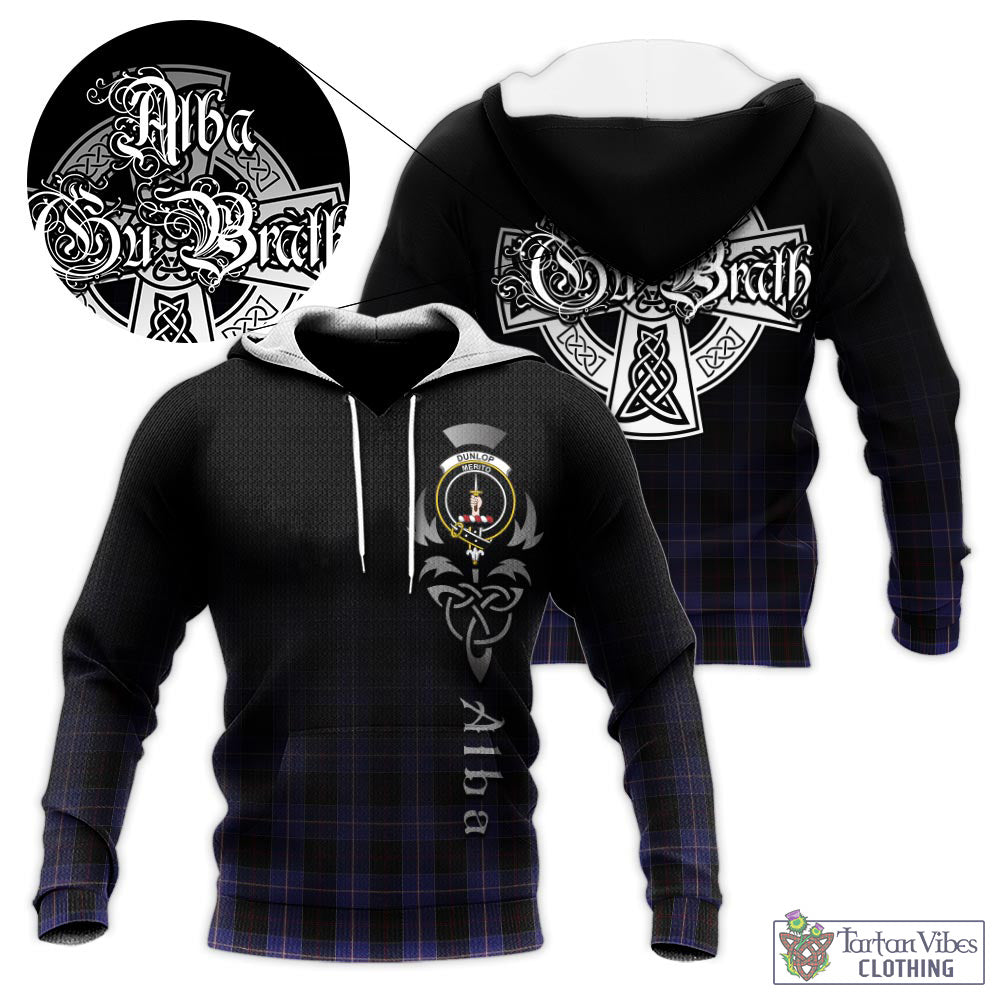 Tartan Vibes Clothing Dunlop Tartan Knitted Hoodie Featuring Alba Gu Brath Family Crest Celtic Inspired