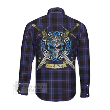 Dunlop Tartan Long Sleeve Button Shirt with Family Crest Celtic Skull Style