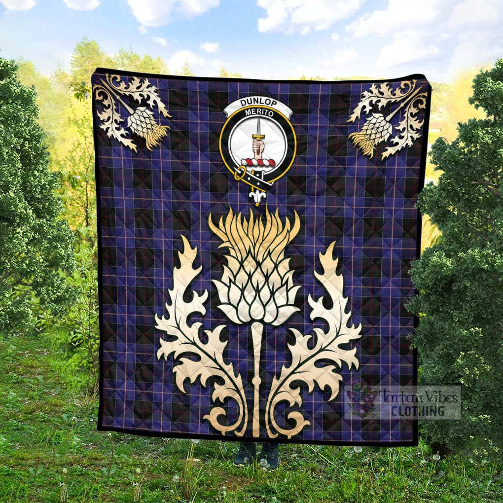 Tartan Vibes Clothing Dunlop Tartan Quilt with Family Crest and Golden Thistle Style