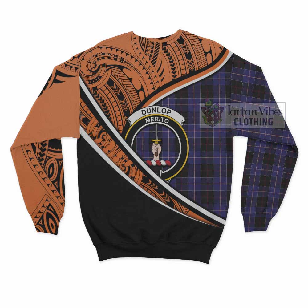 Tartan Vibes Clothing Dunlop Crest Tartan Sweatshirt with Maori Tattoo Style - Orange Version