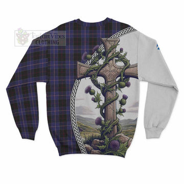 Dunlop Tartan Sweatshirt with Family Crest and St. Andrew's Cross Accented by Thistle Vines