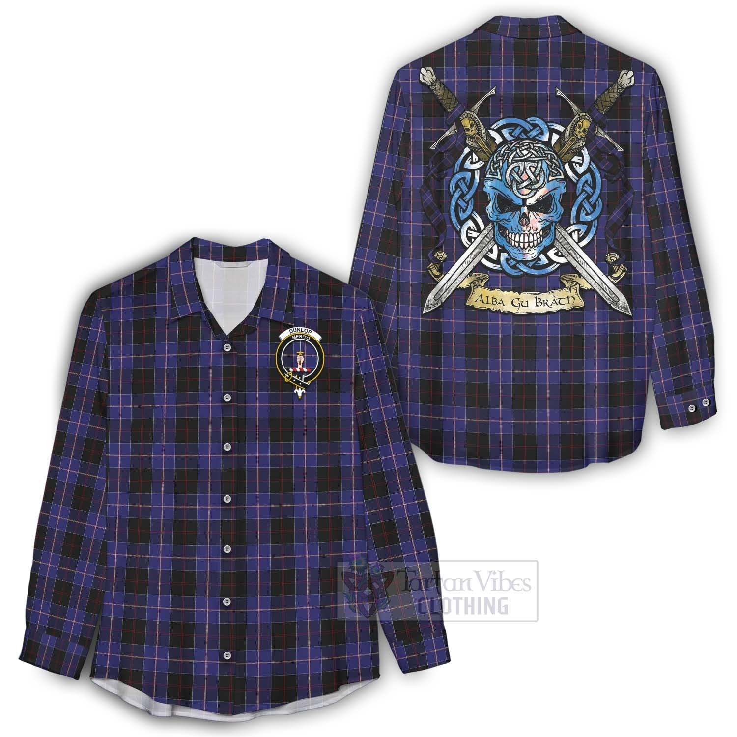 Tartan Vibes Clothing Dunlop Tartan Women's Casual Shirt with Family Crest Celtic Skull Style