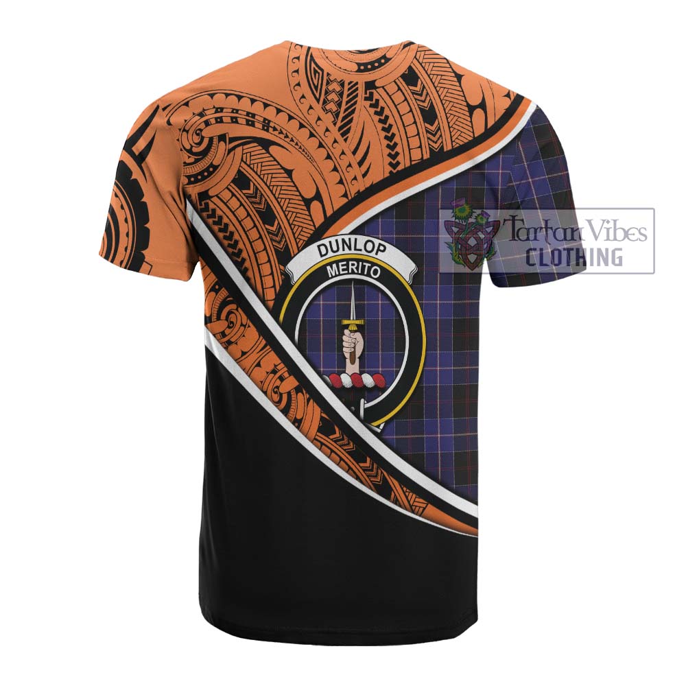 Tartan Vibes Clothing Dunlop Crest Tartan Cotton T-shirt with Maori Tattoo Style - Orange Version