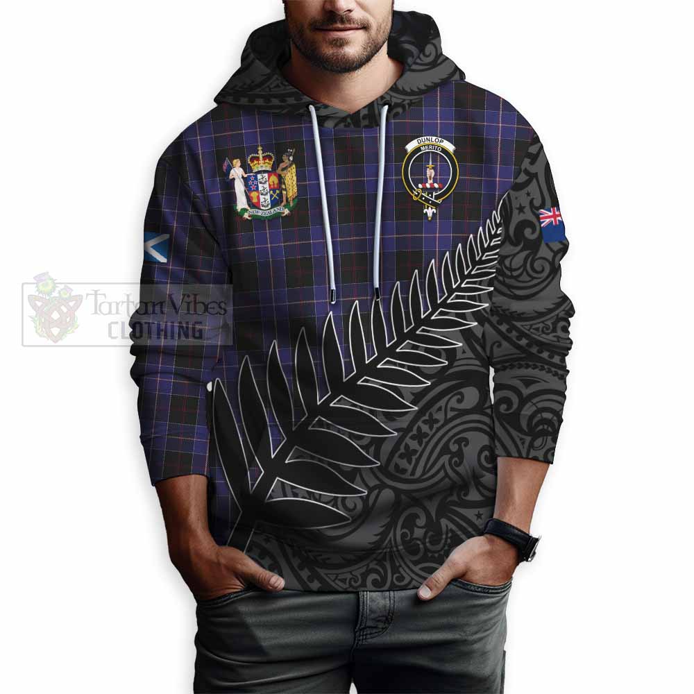 Tartan Vibes Clothing Dunlop Crest Tartan Hoodie with New Zealand Silver Fern Half Style