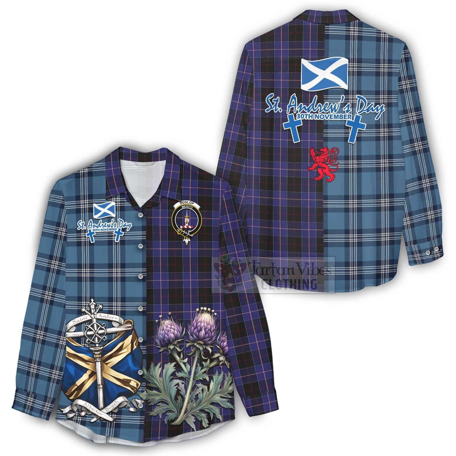 Tartan Vibes Clothing Dunlop Tartan Women's Casual Shirt Happy St. Andrew's Day Half Tartan Style